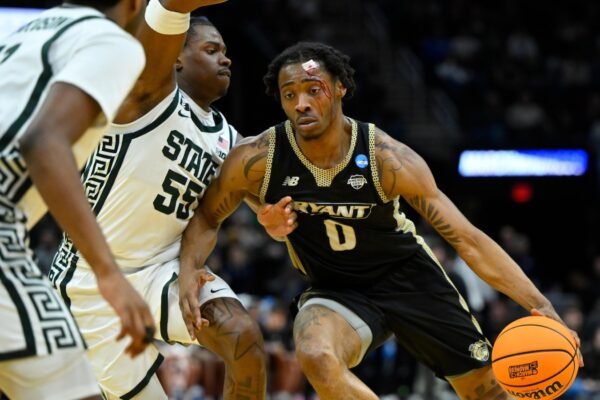 Bryant's guard, Earl Timberlake, gives the Bulldogs his only bloody moment in March Madness