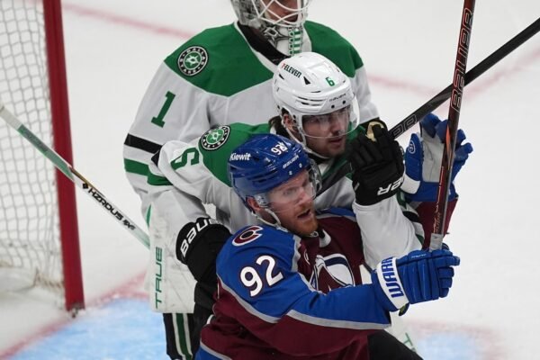 The Captain of the AVS, Gabriel Londeskog, is soaked at the time after scoring the first goal in almost 3 years in game 4